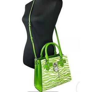 Michael Kors NWT Hamilton Zebra print Calf Hair Satchel Small Jungle green